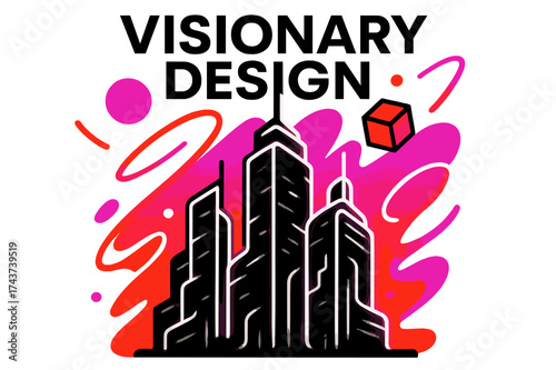 Visionary Future City. Future City Concept. Skyscrapers drawn with abstract glowing digital strokes, floating
