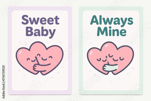 Cute Heart Banners. Love. Two vertical A6 banners with safe margins, centered composition, no elements touching edges, kawaii style, lavender and mint, cute