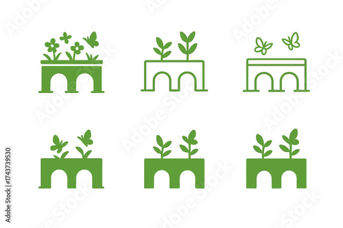 Green Bridge Logos. Green bridges. Set Logo of Green bridges: Pollinator corridor bridge. harmonious logo variations of the same emblematic concept, each with