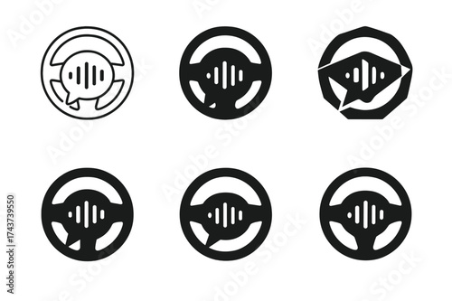 Voice Assistant Logos. In-car voice assistant prompt. Set Logo of speech bubble: stylized voice wave inside bubble over steering wheel. harmonious logo