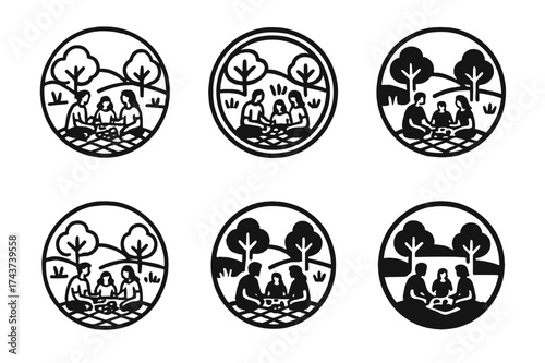 Picnic Unity Logos. A group of friends having a picnic in a park, enjoying nature and food. Set Logo of circular unity: picnic scene inside circular emblem.