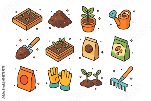 Gardening Tools Icons. Gardening Soil. Colorful isometric vector icons set of Gardening Soil: garden bed, compost soil, potted plant, watering can, soil