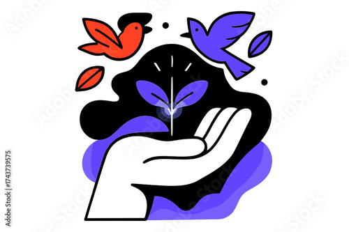 Nature's Revival. Reforestation. Abstract giant hand holding a sprouting glowing tree while birds and leaves