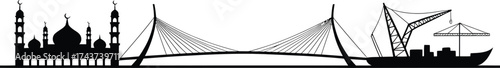 Jakarta Cityscape Silhouette Vector Landmark Bridge Mosque Container Ship