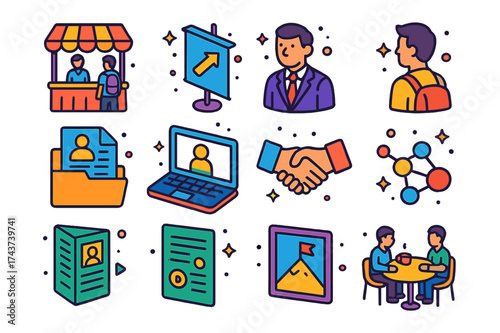 Isometric Career Fair Icons. Career fair. Colorful isometric vector icons set of career fair: booth, company banner, recruiter, job seeker, resume folder,