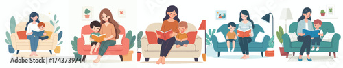 vector of a mother reading a book with her child on the sofa