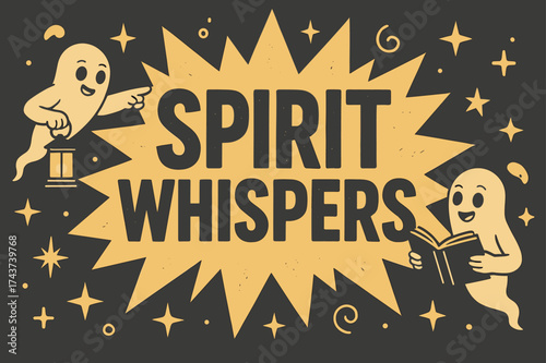 SpiritWhispers Banner Illustration. SpiritWhispers banner, flat vector illustration, bold oversized text inside splash explosion shape, cartoon characters
