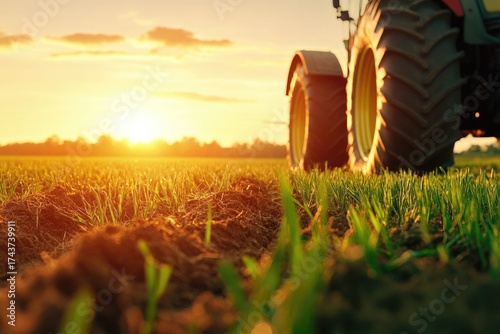 Agricultural tractor wheel detail on a green field at sunset. Farming industry and modern machinery concept for harvest season.