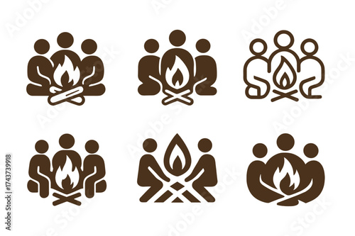 Campfire Emblem Variations. Strengthening relationships through shared experiences. Set Logo of campfire gathering: people around fire symbol. harmonious logo