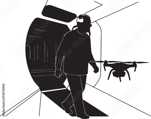 Silhouette of a person walking towards a futuristic doorway with a drone flying nearby in a stark black and white illustration