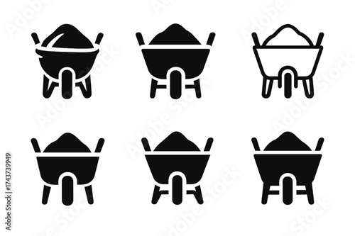 Cement Wheelbarrow Logos. Wheelbarrow with cement. Set Logo of wheelbarrow front view: cement pile visible inside. harmonious logo variations of the same