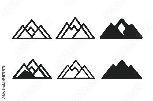 Mountain Logo Variations. Mountain peaks. Set Logo of layered mountains: overlapping silhouettes of peaks. harmonious logo variations of the same emblematic