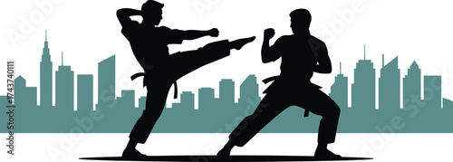 Karate Sparring Silhouette with City Skyline Background Vector Illustration