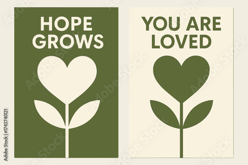 Hope Grows Banners. Hope. Two vertical A6 banners, geometric, olive green and cream backgrounds, abstract heart growing like a plant with clean shapes, first