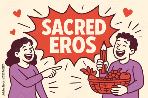 Sacred Eros Celebration. Sacred Eros banner, flat vector illustration, bold oversized text inside comic burst, cartoon characters laughing and pointing,