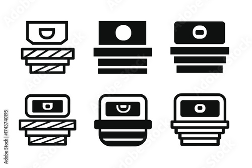 Deck Builder Logos. Deck builders constructing wooden decks. Set Logo of level tool: carpenter?s level placed over plank. harmonious logo variations of the