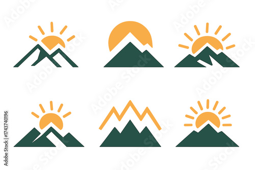 Sunrise Mountain Logos. Mountain peaks. Set Logo of sunrise over peaks: sun rising behind mountain ridge. harmonious logo variations of the same emblematic