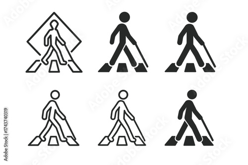 Accessible Crossing Logos. Designing for accessibility in urban environments. Set Logo of pedestrian crossing: person with cane on crosswalk. harmonious logo