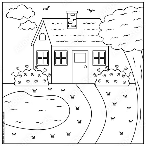 Flat Coloring Page Of House