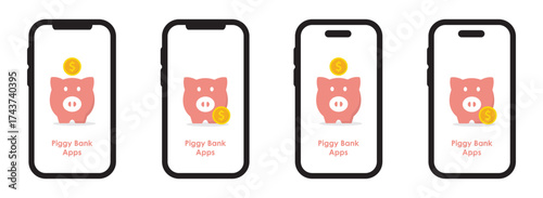 Piggy bank on phone. Digital bank apps icon, vector illustration