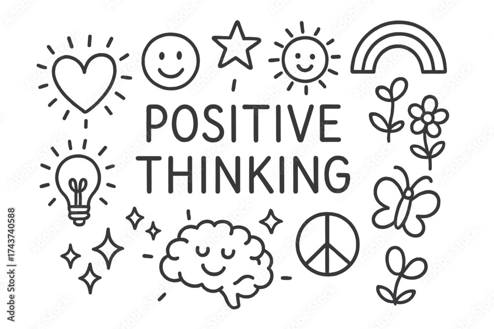 Fototapeta premium Positive Thinking Doodles. Positive thinking. Hand-drawn doodle illustration positive thinking shining heart, smiling face, sunshine, star doodle, rainbow arc,