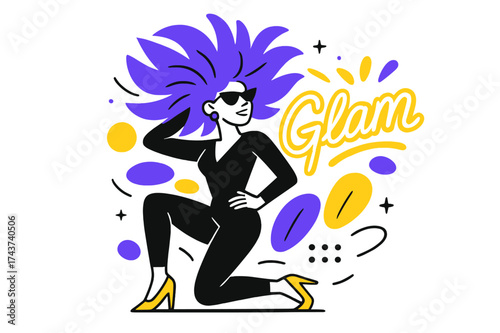 Bold Wig Pose. Fashion wigs. A figure confidently posing in a bold wig with dynamic, abstract hair shapes radiating outward. Word ?Glam? glowing in the air.