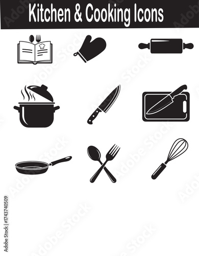 Kitchen and Cooking Vector Icons Set – Culinary Tools, Chef Equipment, and Food Preparation Silhouettes