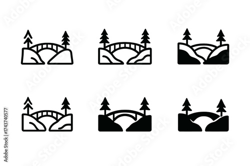 Cultural Bridge Logo Variations. Cross-cultural exchange programs. Set Logo of cultural bridge: bridge icon connecting two landscapes. harmonious