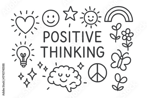 Positive Thinking Doodles. Positive thinking. Hand-drawn doodle illustration positive thinking shining heart, smiling face, sunshine, star doodle, rainbow arc,