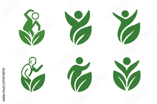 Elderly Wellness Emblems. Physical wellness and mobility for the elderly. Set Logo of healthy aging: elder with leaf and vitality symbol. harmonious logo