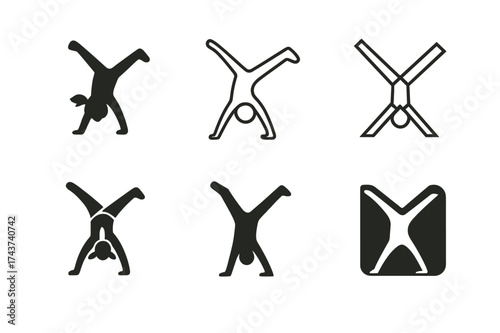 Gymnastics Logo Variations. Children playing sports or engaging in physical activities. Set Logo of gymnastics: child doing cartwheel or handstand. harmonious