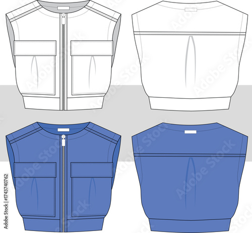 Women's sleeveless cropped jacket with pocket and zipper detail fashion technical drawing illustration. Front and Back view. Cad, Mockup Set.