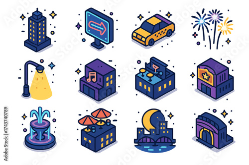 Vibrant Night City Icons. Night City. Colorful isometric vector icons set of Night City: illuminated skyscraper, neon sign, nightclub, taxi, cinema,