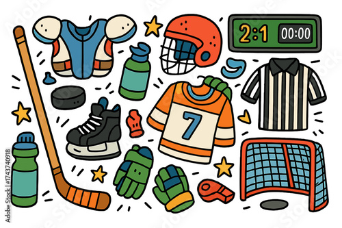 Hockey Doodle Icons. Hockey. Colorful Hand-drawn doodle Children illustration Hockey puck, stick, helmet, skates, gloves, jersey, goal net, scoreboard,