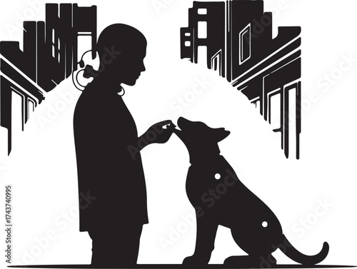Silhouette of a person training a dog with a treat in an urban environment with city buildings in the background
