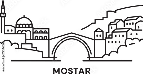 Mostar Bridge Bosnia Herzegovina Landmark Icon Thin Line Style Tourist Attraction Sightseeing