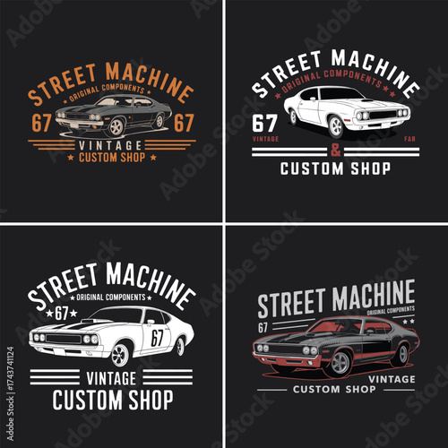 Street machine vintage custom shop emblem with classic muscle car illustration and retro typography for mechanic t shirt design