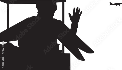 Silhouette of a person waving goodbye from a train window with a distant bird in the sky