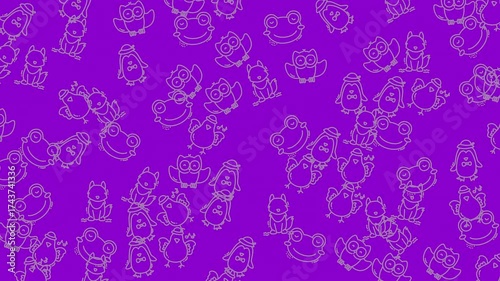 Purple background with white frog and owl outlines. Perfect for kids products, stationery, and background designs for various projects.