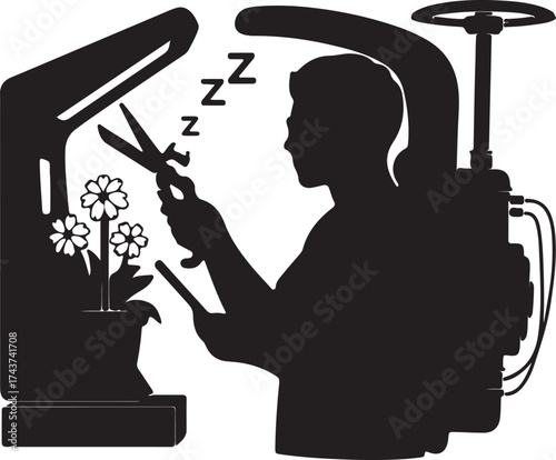 Silhouette of a tired person with a backpack holding scissors and tending to potted flowers under a lamp with zzzs indicating sleep