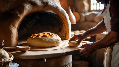 A traditional tandoor oven in a rural kitchen, bread baking inside, warm ambient light, captured in an authentic and culturally rich scene, highlighting rural culinary traditions.