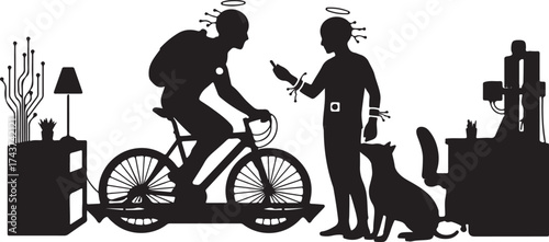 Silhouette of two people with halos one on a bicycle and another with a dog in a room with furniture and lamps