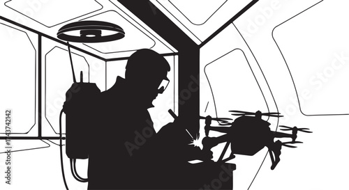 Silhouette of a person operating a drone inside a futuristic vehicle or laboratory with advanced technology and lighting
