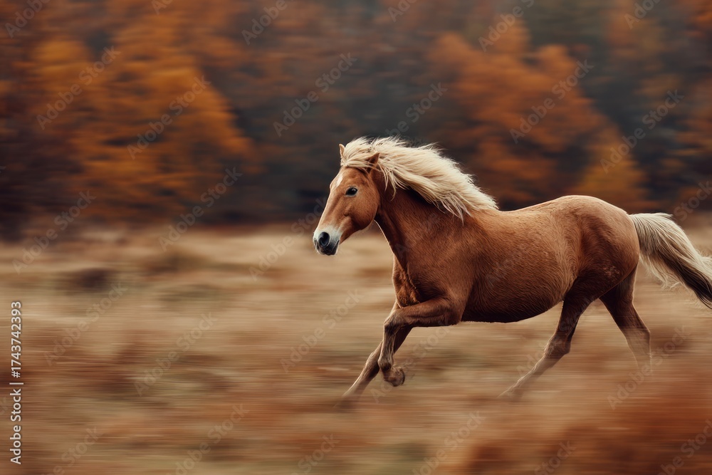Obraz premium A golden horse gallops across a blurred autumn landscape with fiery foliage