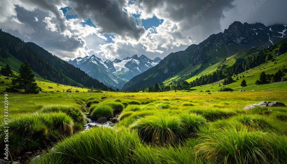 Naklejka premium Green meadow with mountains