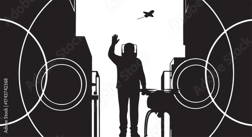 Silhouette of a person raising their hand in a doorway with abstract circular light patterns and a small flying object overhead