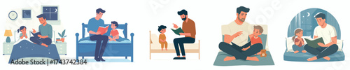 vector of a father reading a story before his child goes to bed