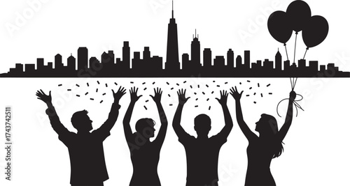 People Silhouettes Cheering City Skyline with Balloons Celebration