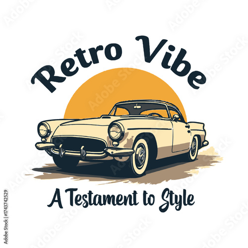 Vintage classic car illustration with sunset background and retro typography for t shirt design and poster art