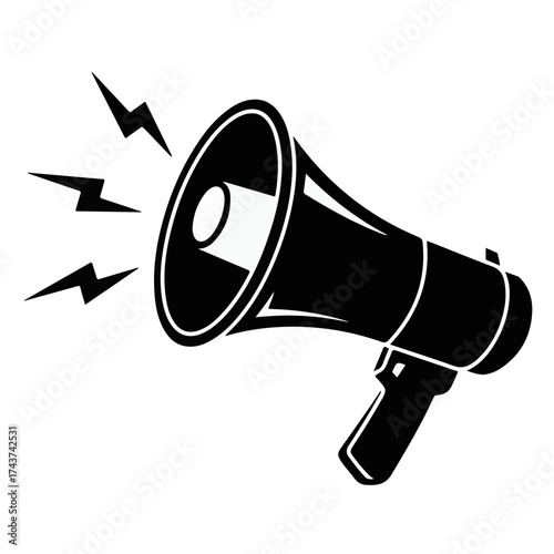 Black megaphone with sound waves, symbolizing an announcement or a call to action, conveying a message of communication and awareness